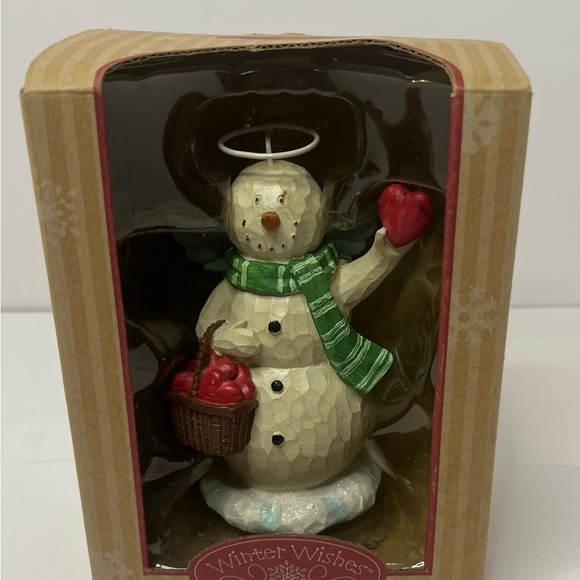 Vintage WINTER WISHES, BUNDLES OF LOVE Snowman 6” In Box Basket Hearts Halo - Picture 2 of 8